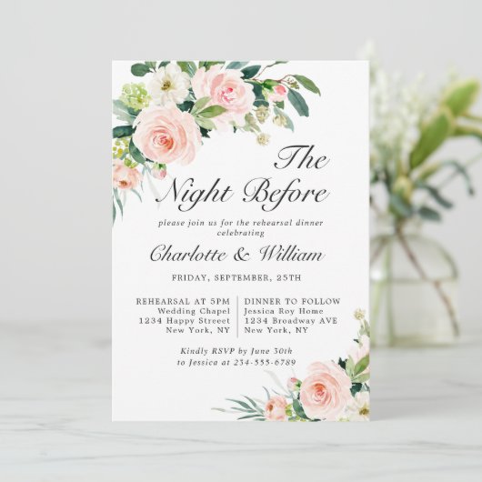 赤面ピンクの花の緑のリハーサルディナー 招待状 (スタンド正面)