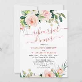 赤面ピンクの花の緑のリハーサルディナー 招待状