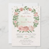 赤面ピンクの花の緑のリース結婚ズ 招待状 (正面)