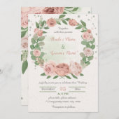 赤面ピンクの花の緑のリース結婚ズ 招待状 (正面/裏面)