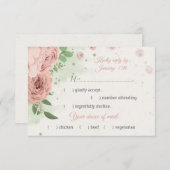 赤面ピンクの花の緑の植物性の食事の選択 出欠カード (正面/裏面)