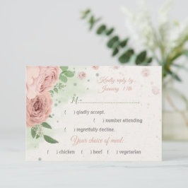 赤面ピンクの花の緑の植物性の食事の選択 出欠カード