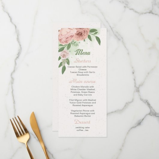 赤面ピンクの花の緑の植物性メニュー メニュー (正面/裏面インサイチュ)