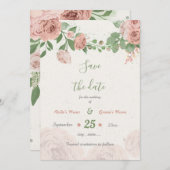 赤面ピンクの花の緑の植物 セーブザデート (正面/裏面)