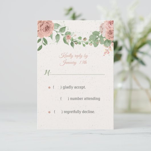 赤面ピンクの花の緑の植物 出欠カード (スタンド正面)