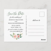 赤面ピンクの花の緑の結婚式の日付を保存 ポストカード (裏面)