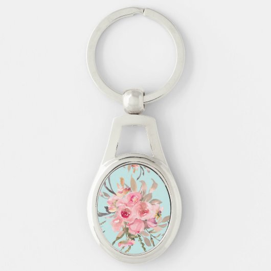 赤面ピンクの花オンライトブルー キーホルダー (正面)