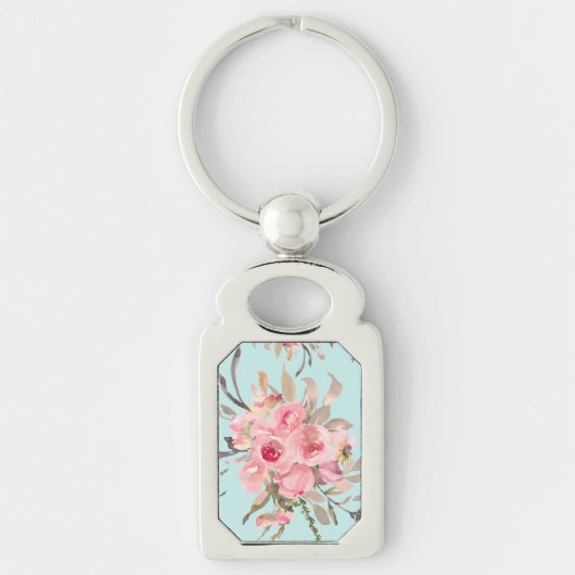 赤面ピンクの花オンライトブルー キーホルダー (正面)