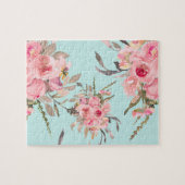 赤面ピンクの花オンライトブルー ジグソーパズル (横)