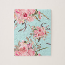赤面ピンクの花オンライトブルー ジグソーパズル
