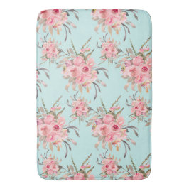 赤面ピンクの花オンライトブルー バスマット