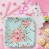 赤面ピンクの花オンライトブルー ペーパープレート (パーティー)