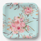 赤面ピンクの花オンライトブルー ペーパープレート (正面)