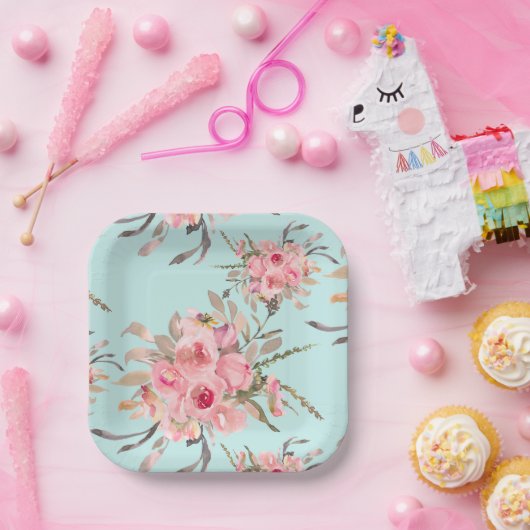 赤面ピンクの花オンライトブルー ペーパープレート (パーティー)