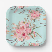 赤面ピンクの花オンライトブルー ペーパープレート (正面)