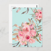 赤面ピンクの花オンライトブルー ポストカード (正面/裏面)