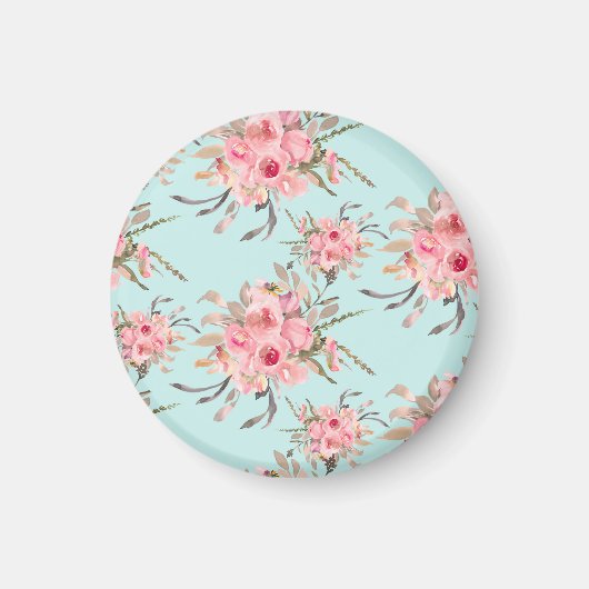 赤面ピンクの花オンライトブルー マグネット (正面)