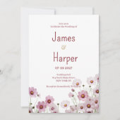 赤面ピンクの花コスモス結婚の花 招待状 (正面)