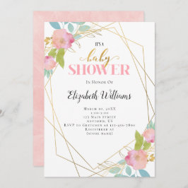 赤面ピンクの花ジオメトリックフレームベビーシャワー 招待状