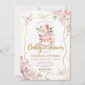 赤面ピンクの花バタフライティーパーティー赤ちゃんシャワー 招待状 (正面)