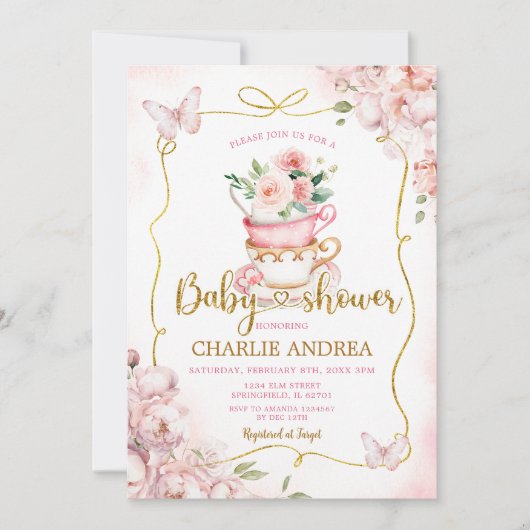 赤面ピンクの花バタフライティーパーティー赤ちゃんシャワー 招待状 (正面)