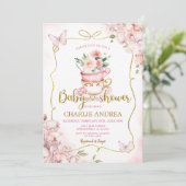 赤面ピンクの花バタフライティーパーティー赤ちゃんシャワー 招待状 (スタンド正面)