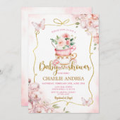 赤面ピンクの花バタフライティーパーティー赤ちゃんシャワー 招待状 (正面/裏面)