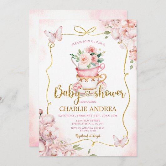 赤面ピンクの花バタフライティーパーティー赤ちゃんシャワー 招待状 (正面/裏面)
