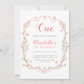 赤面ピンクの花フローラ第1の誕生日パーティー 招待状 (正面)