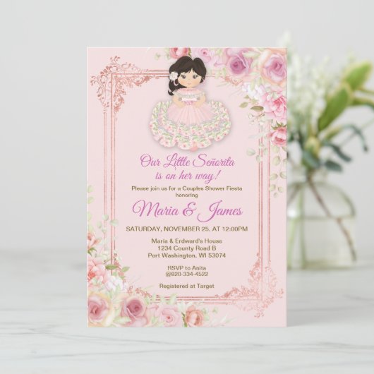 赤面ピンクの花メキシカンフィエスタカップルのシャワー 招待状 (スタンド正面)