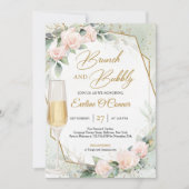 赤面ピンクの花ユーカリのブランチと泡 招待状 (正面)