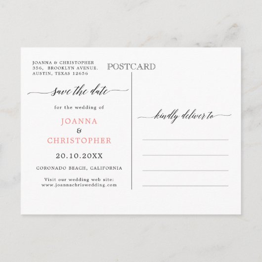 赤面ピンクの花模様モダンボタニカル日付を保存 案内ポストカード (裏面)