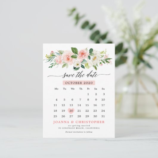 赤面ピンクの花模様モダンボタニカル日付を保存 案内ポストカード (スタンド正面)