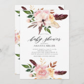 赤面ピンクの花羽赤ちゃんシャワー 招待状 (正面/裏面)