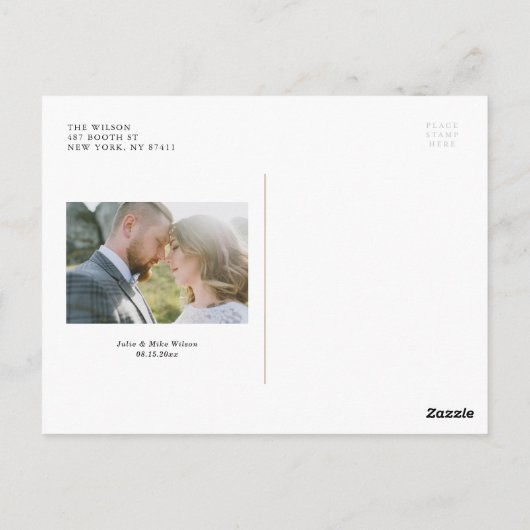 赤面ピンクの花金ゴールドたった今結婚しました写真結婚の ポストカード (裏面)