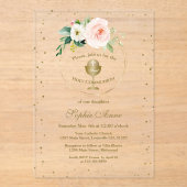 赤面ピンクの花金ゴールドガールファースト聖餐式 アクリル招待状 (正面)