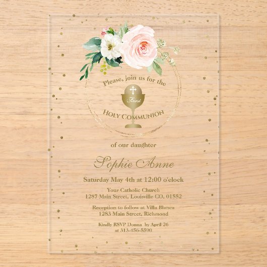 赤面ピンクの花金ゴールドガールファースト聖餐式 アクリル招待状 (正面)