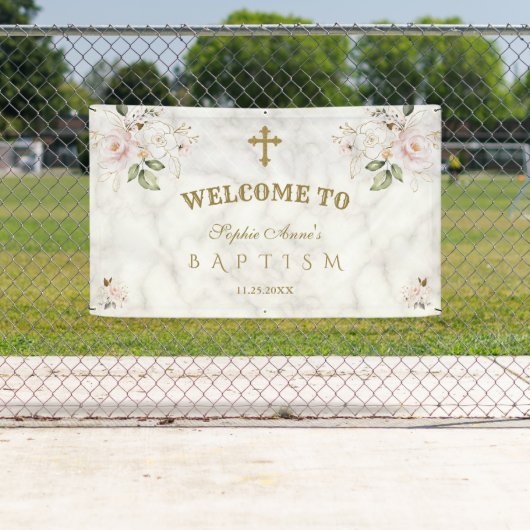 赤面ピンクの花金ゴールドバプテスムウェルカムサイン 横断幕 (インサイチュ)