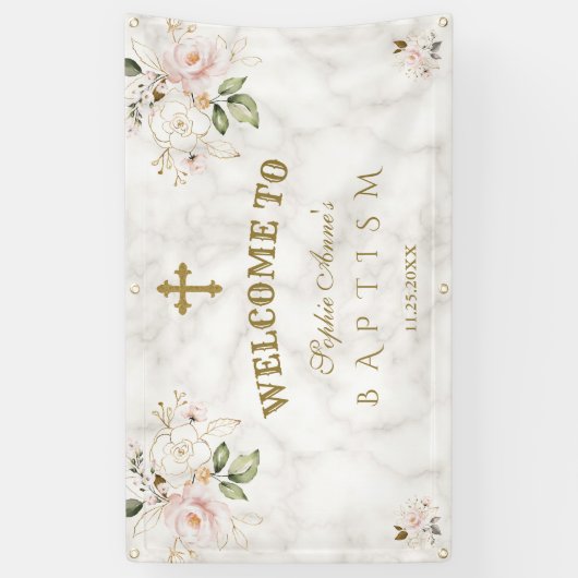 赤面ピンクの花金ゴールドバプテスムウェルカムサイン 横断幕 (縦)