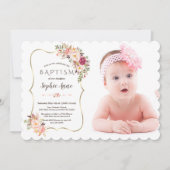 赤面ピンクの花金ゴールド女の子写真バプテスマ 招待状 (正面)