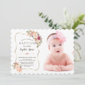 赤面ピンクの花金ゴールド女の子写真バプテスマ 招待状 (スタンド正面)