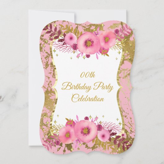 赤面ピンクの花金ゴールド誕生日パーティー2 招待状 (裏面)