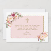 赤面ピンクの花金ゴールド1歳の誕生日バプテスマ サンキューカード (正面)