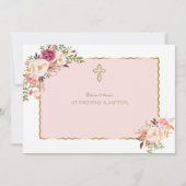 赤面ピンクの花金ゴールド1歳の誕生日バプテスマ サンキューカード (裏面)