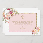 赤面ピンクの花金ゴールド1歳の誕生日バプテスマ サンキューカード (正面/裏面)