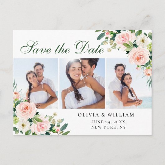 赤面ピンクの花3 PHOTO Wedding日付を保存 ポストカード (正面)