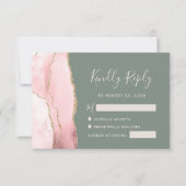 赤面ピンクの金ゴールドアゲートセージグリーンウェディングRSVPカード 出欠カード (正面)