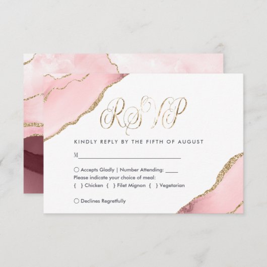 赤面ピンクの金ゴールドエレガントアガート水の色結婚の 出欠カード (正面/裏面)