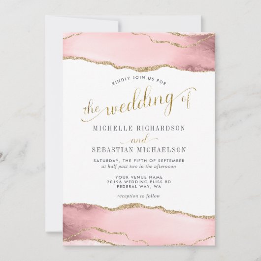 赤面ピンクの金ゴールドエレガントアガート水の色結婚の 招待状 (正面)