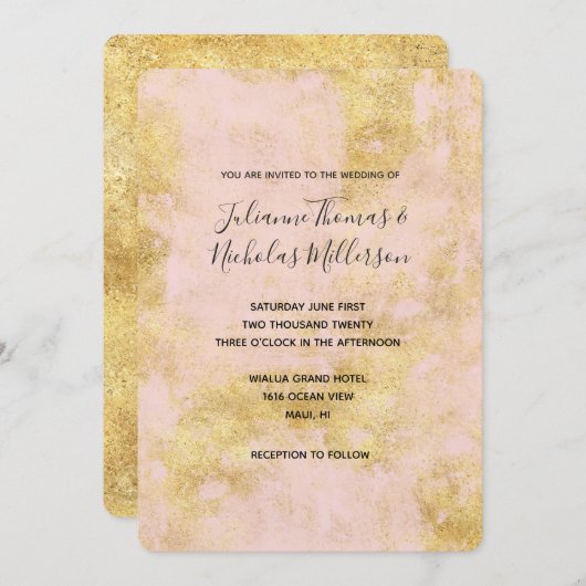 赤面ピンクの金ゴールドグランジ結婚式の招待 招待状 (正面/裏面)